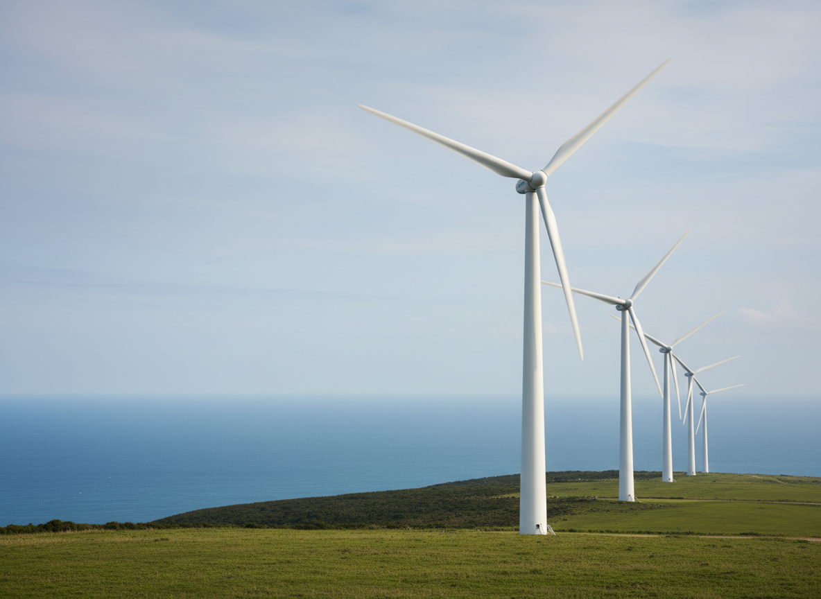 A row of sleek, modern wind turbines with matte white towers and gracefully curved blades stands on a gentle coastal hillside covered in short green grass. In the distance, a calm blue ocean stretches to the horizon under a slightly overcast sky. Soft, diffused afternoon light eliminates harsh shadows and emphasizes the clean, engineered surfaces of the turbines. The atmosphere is calm, professional, and analytical, suggesting careful planning and environmental stewardship. Captured at eye level with a wide-angle lens, the foreground turbine is in crisp focus while the others recede with subtle depth, creating a photographic realism and clean, contemporary aesthetic suitable for a professional research website on wind energy.